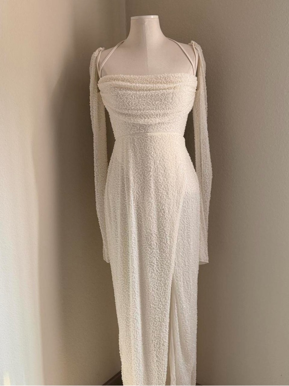 Oh Polly Ivory Textured Maxi Dress with Draped Bodice